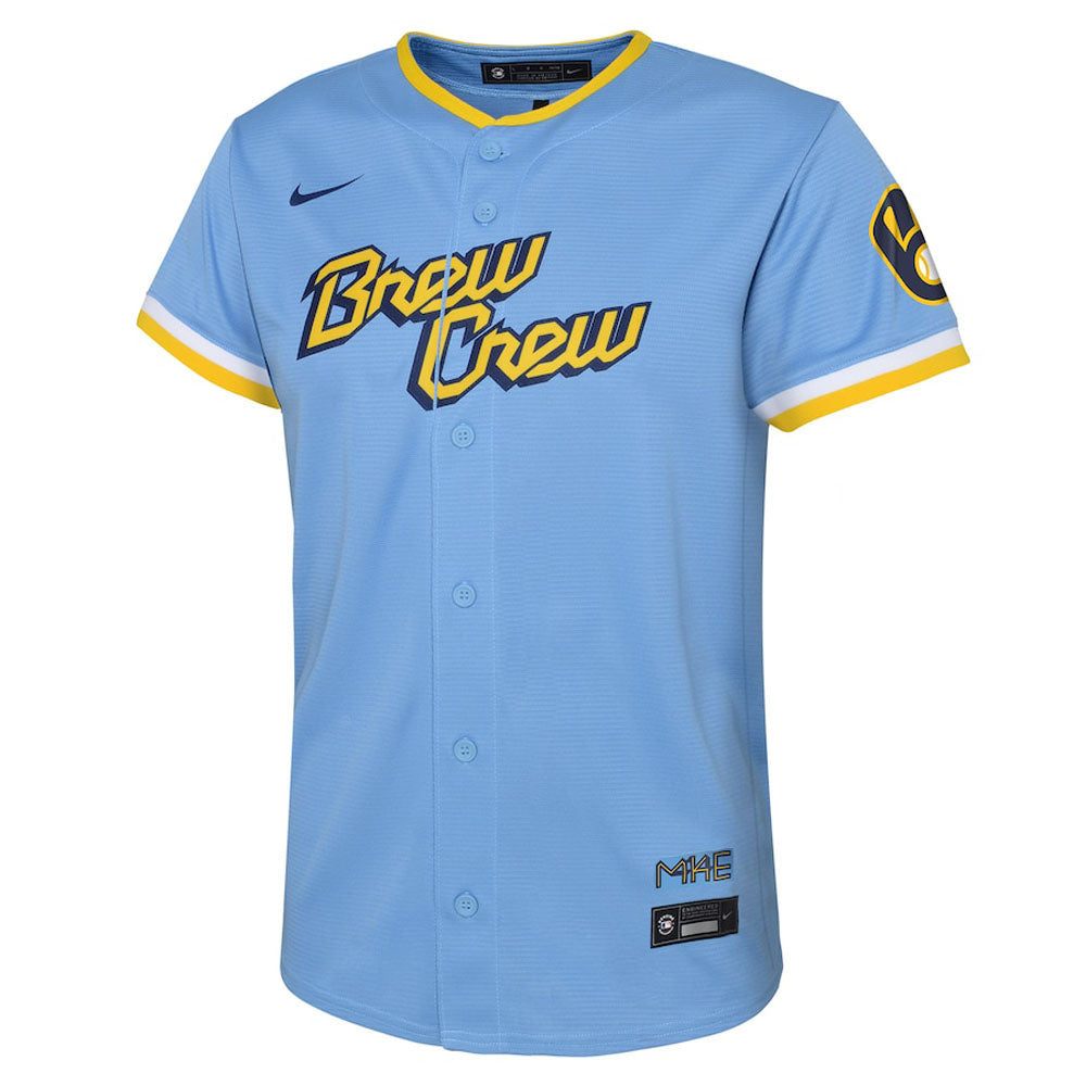 Youth Milwaukee Brewers Christian Yelich City Connect Replica Jersey - Powder Blue